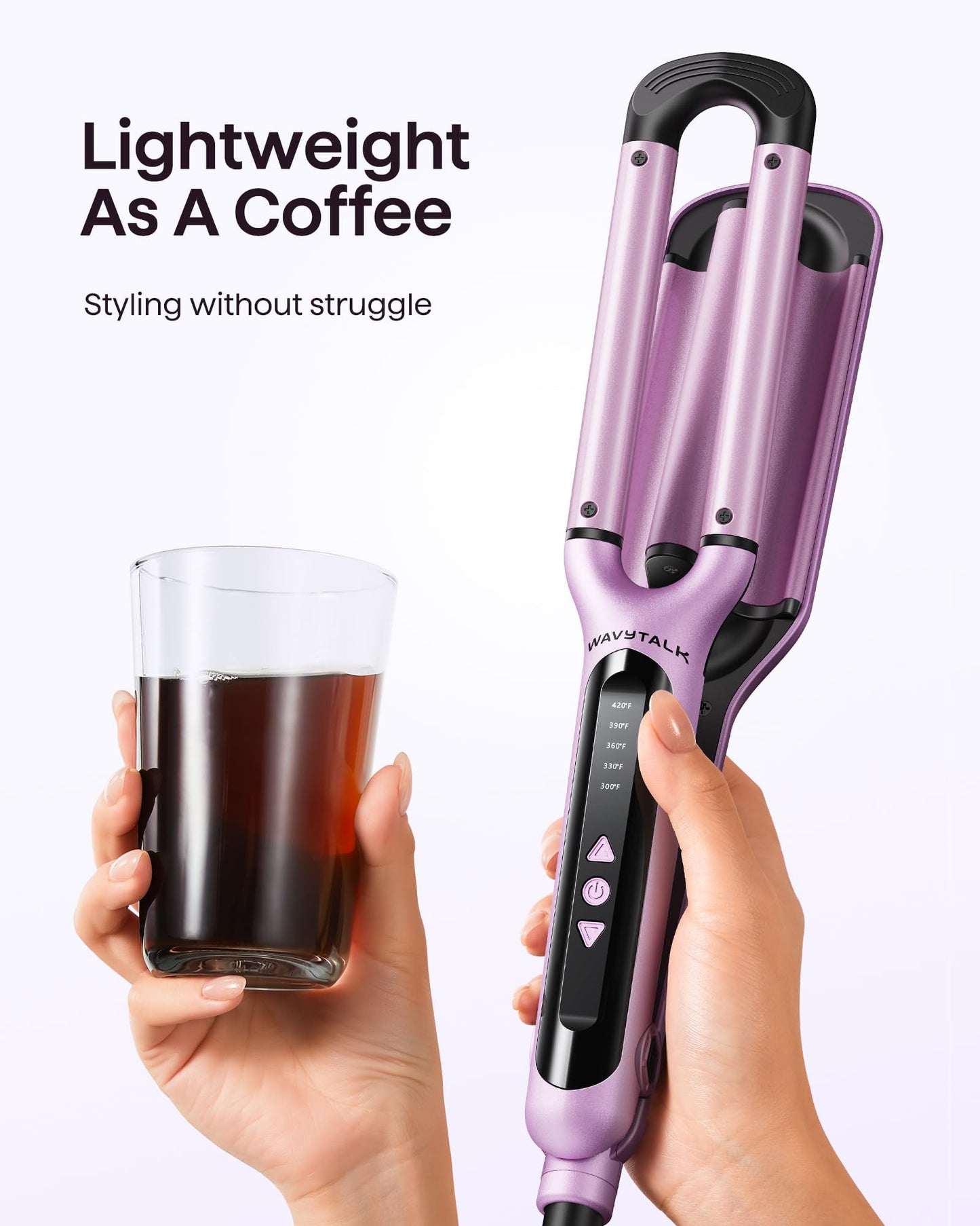 Close up view of the pink Wavytalk deep wave hair crimper styling mechanism for creating volume