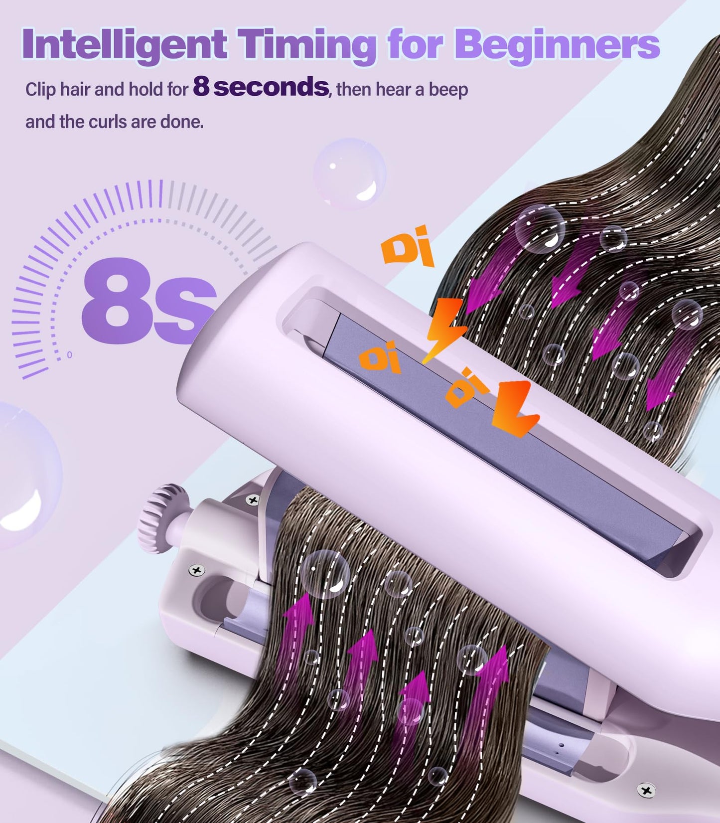 Casavok purple hair waver showing the anti scald tip and safety lock feature