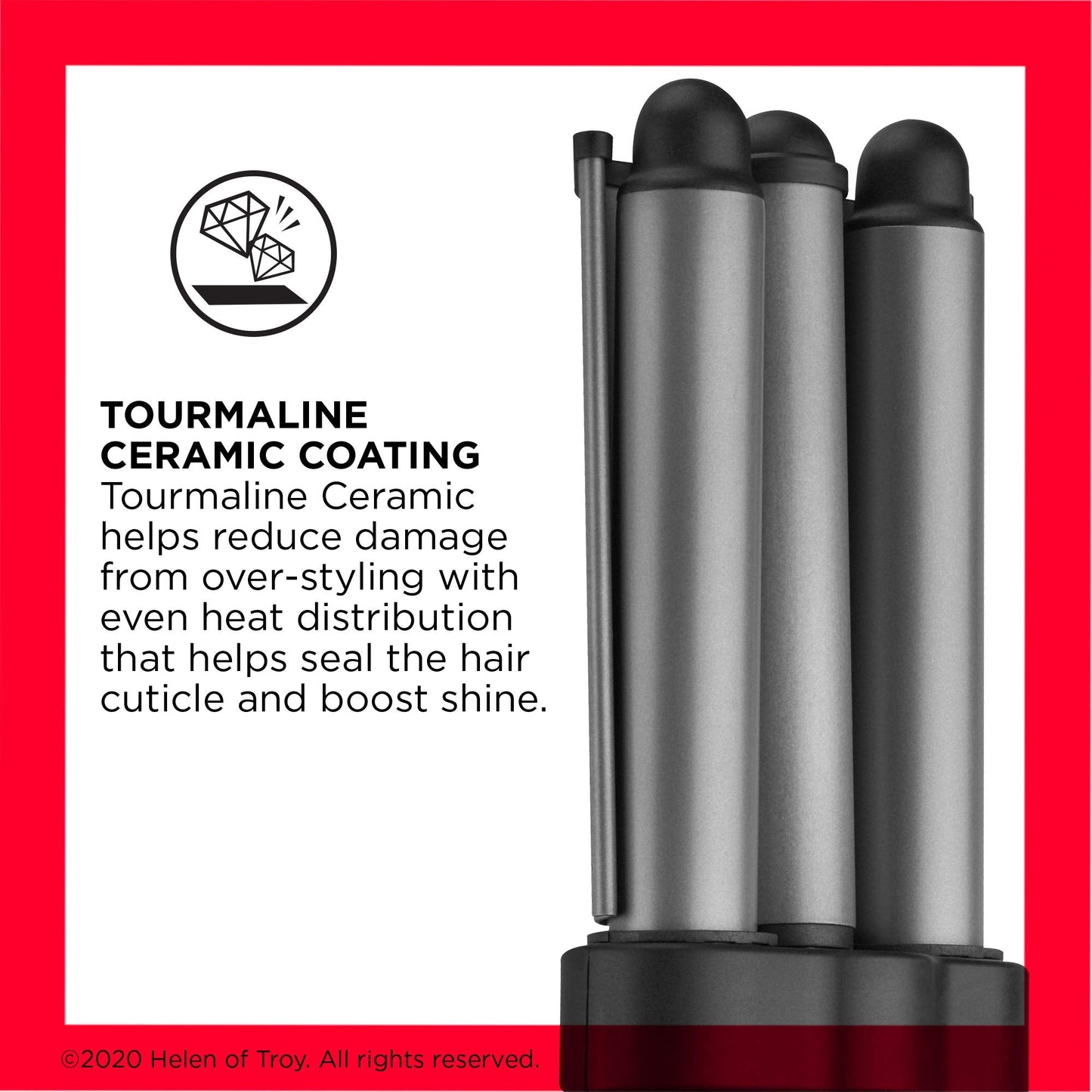 Revlon triple barrel styling iron showing the extra wide ceramic tourmaline barrels