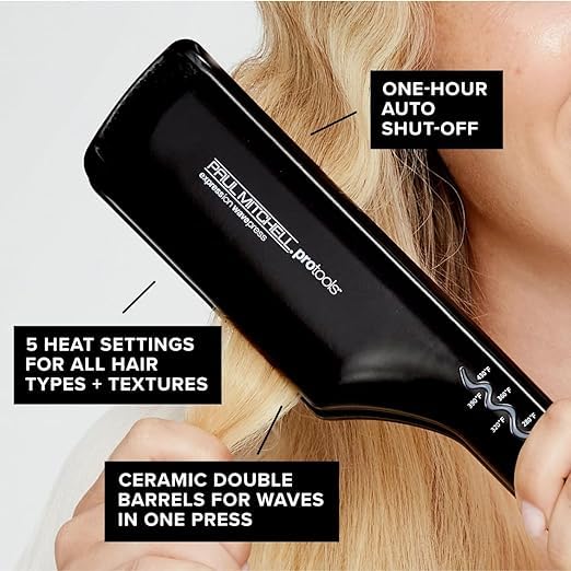 Paul Mitchell Express Ion WavePress tool creating flawless beach waves on long thick hair