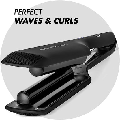 Double barrel hair waver tool resting safely on its protective silicone heat mat.