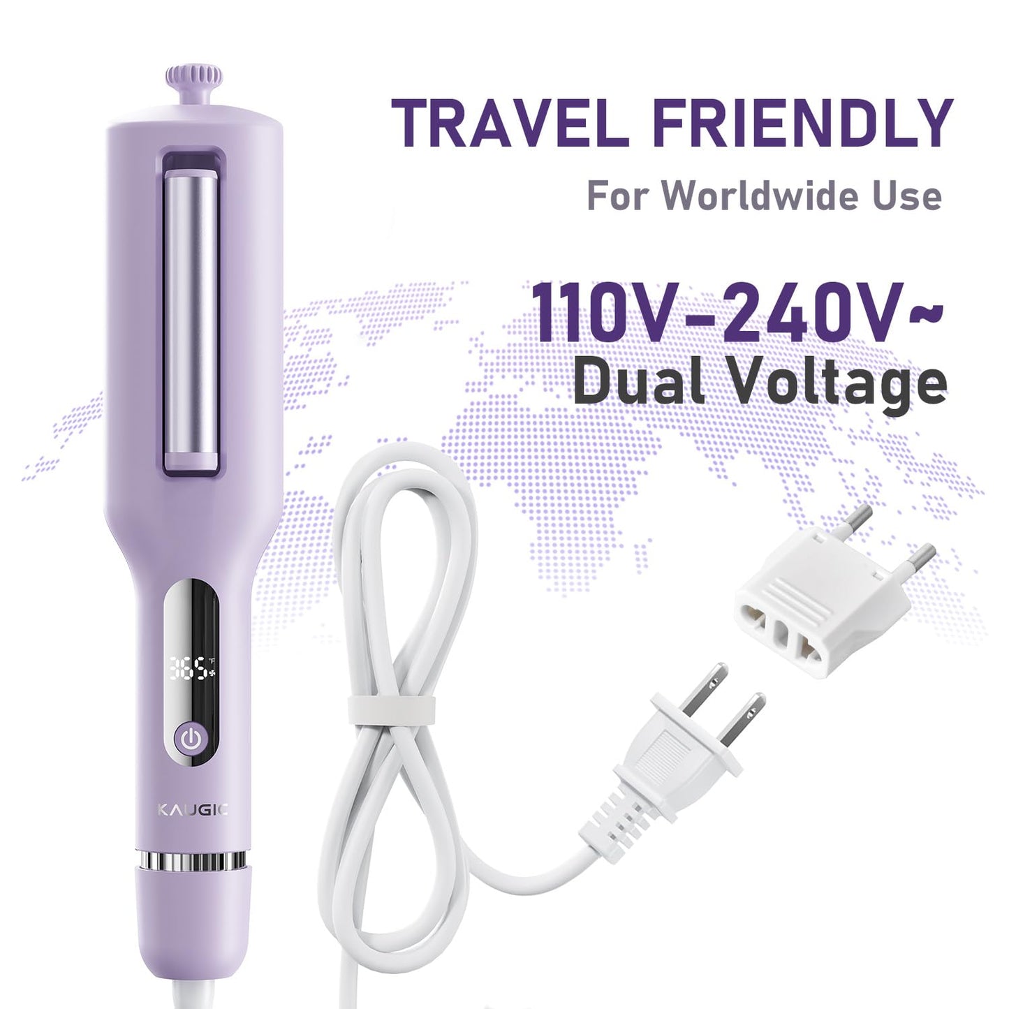 Close up of the anti scald tip and safety travel lock on the purple hair curler