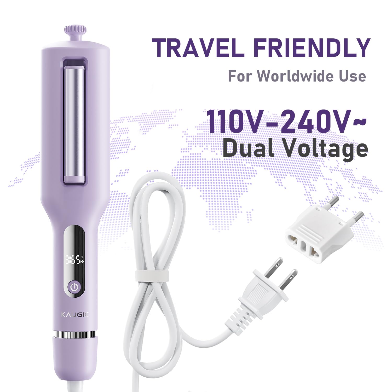 Close up of the anti scald tip and safety travel lock on the purple hair curler