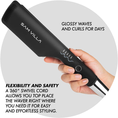 Authentic Sam Villa Pro Results packaging with the double-barrel wave styling iron.