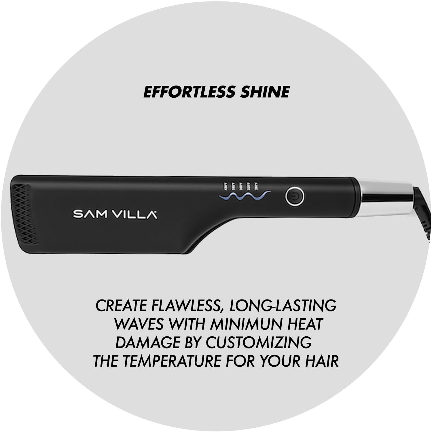 Side profile of the black Sam Villa double barrel beach waver styling tool.