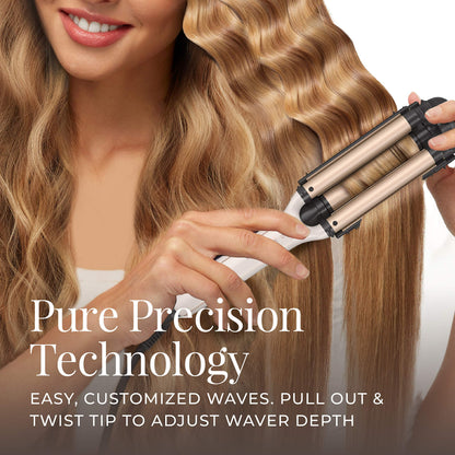 Remington 4 in 1 hair waver barrel demonstrating the ceramic tourmaline coating.