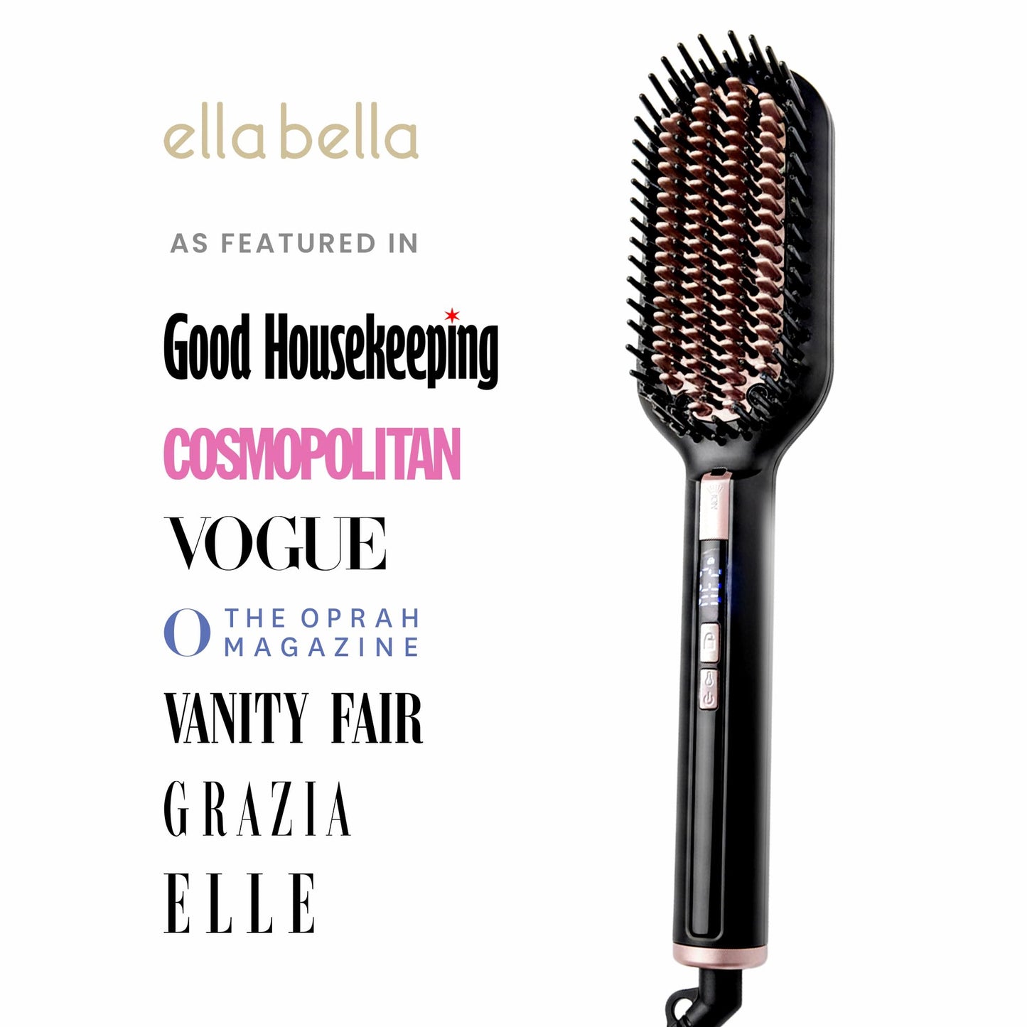 Ella Bella electric hair brush straightener digital temperature display screen showing heat settings.