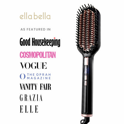 Ella Bella electric hair brush straightener digital temperature display screen showing heat settings.