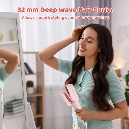 Side profile of the pink triple barrel hair curler demonstrating the full wrap insulation and temperature adjustment buttons.