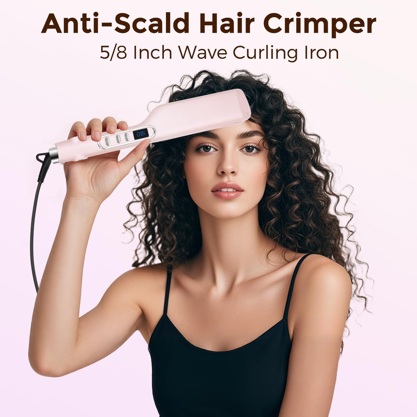 LamMSpen hair crimper displaying the digital temperature control buttons and handle design.