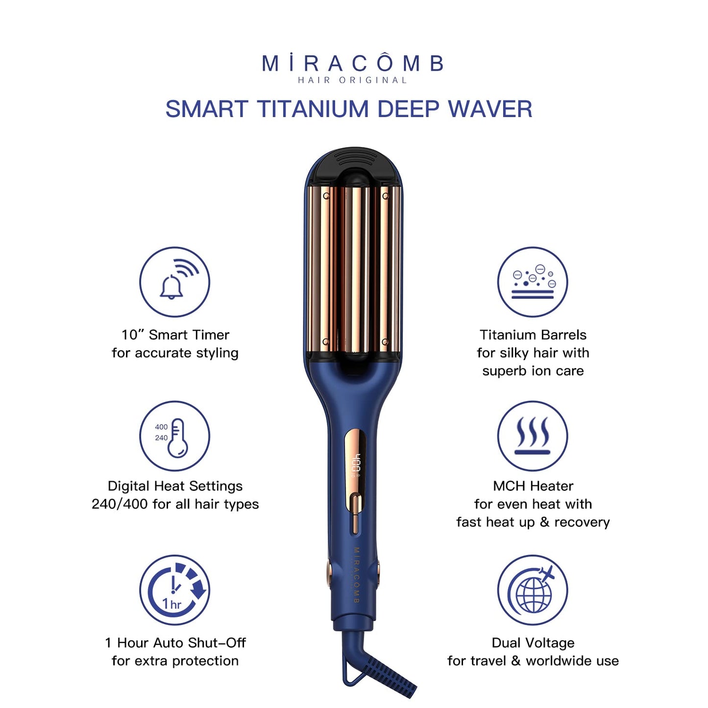 MIRACOMB triple barrel hair crimper iron angled view highlighting the cool-touch safety tip and housing.