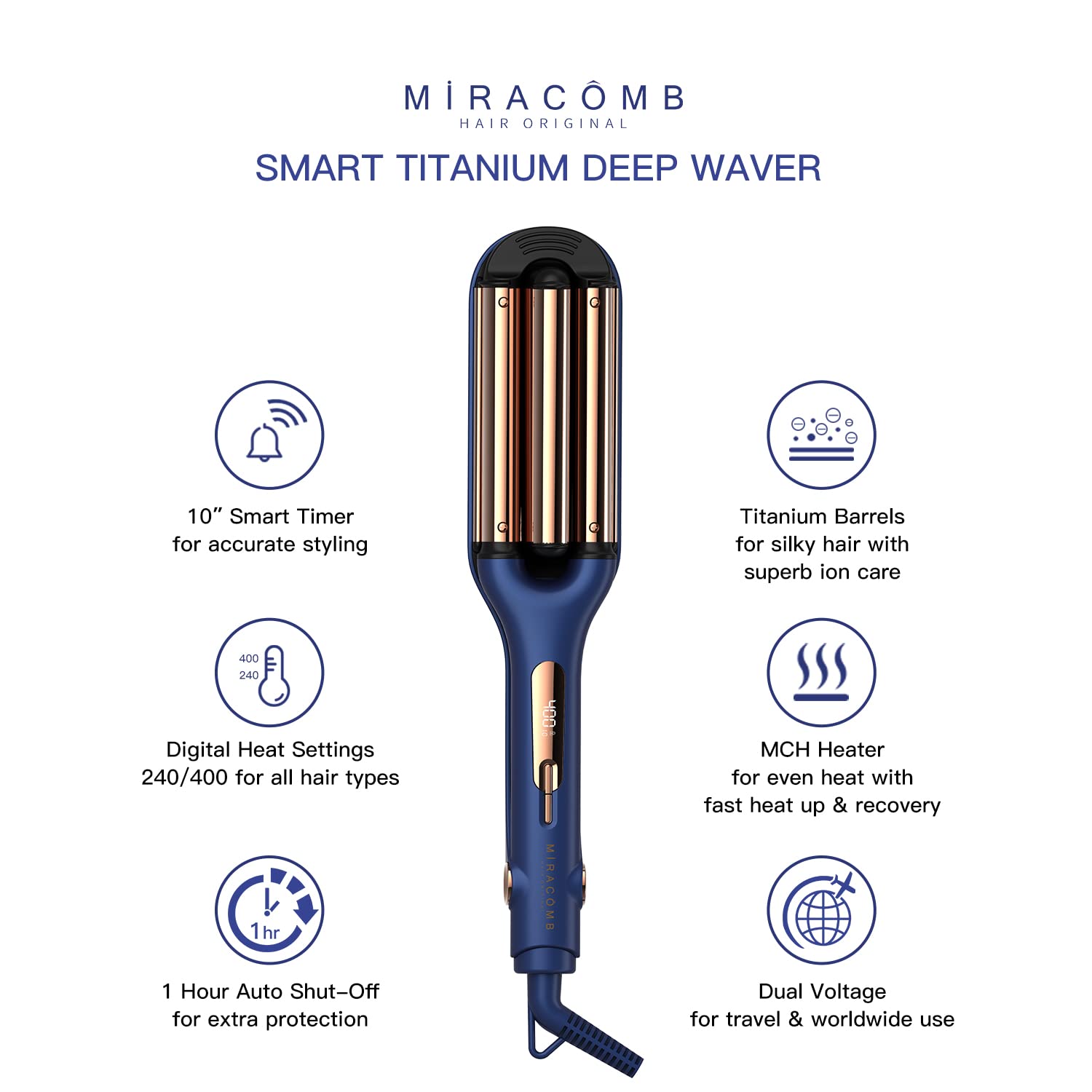 MIRACOMB triple barrel hair crimper iron angled view highlighting the cool-touch safety tip and housing.