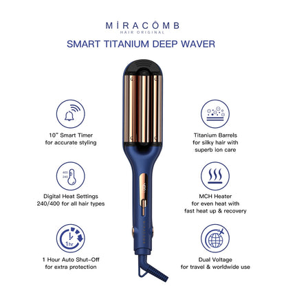 MIRACOMB triple barrel hair crimper iron angled view highlighting the cool-touch safety tip and housing.