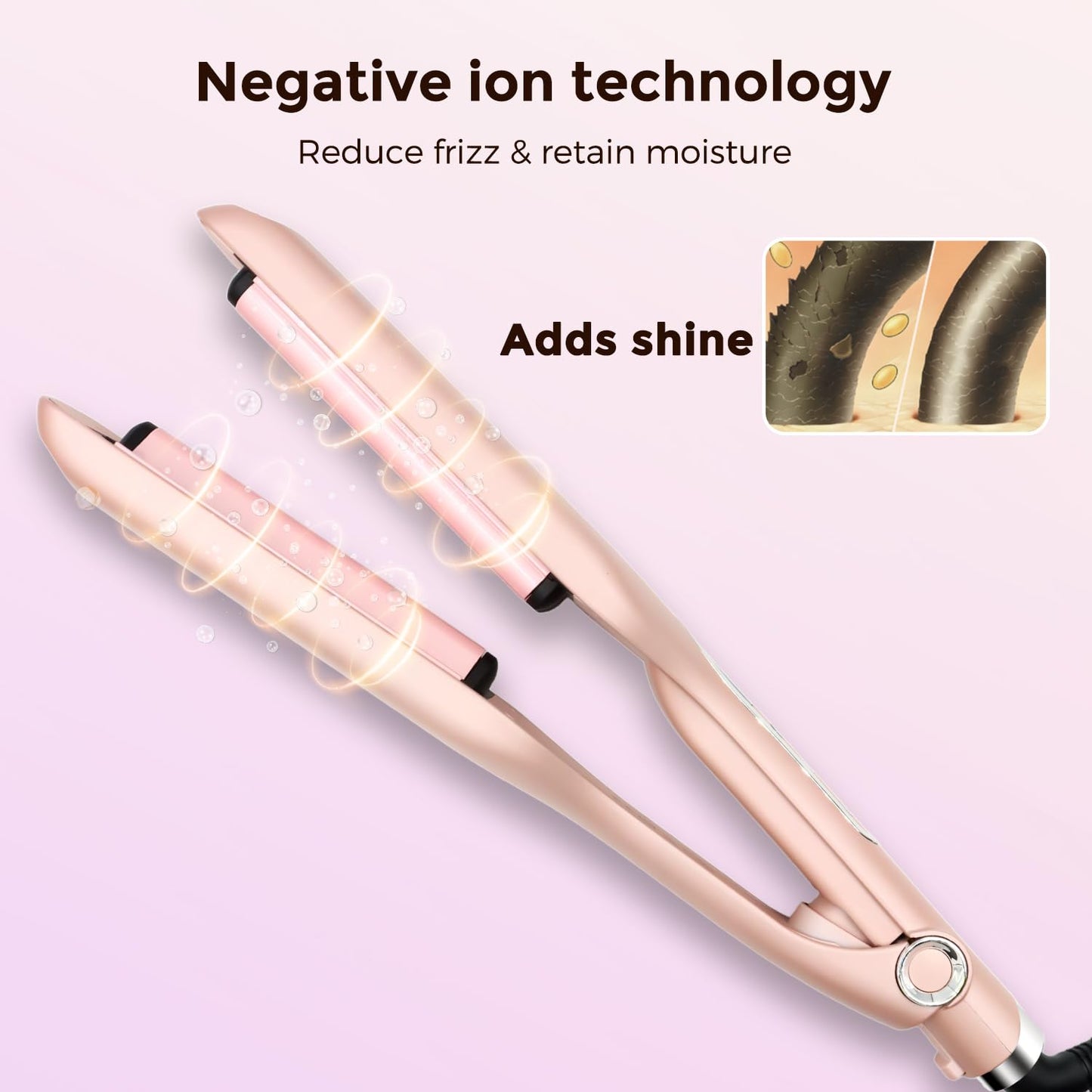 Packaging contents of the imported LamMSpen pink hair waver and crimper iron.