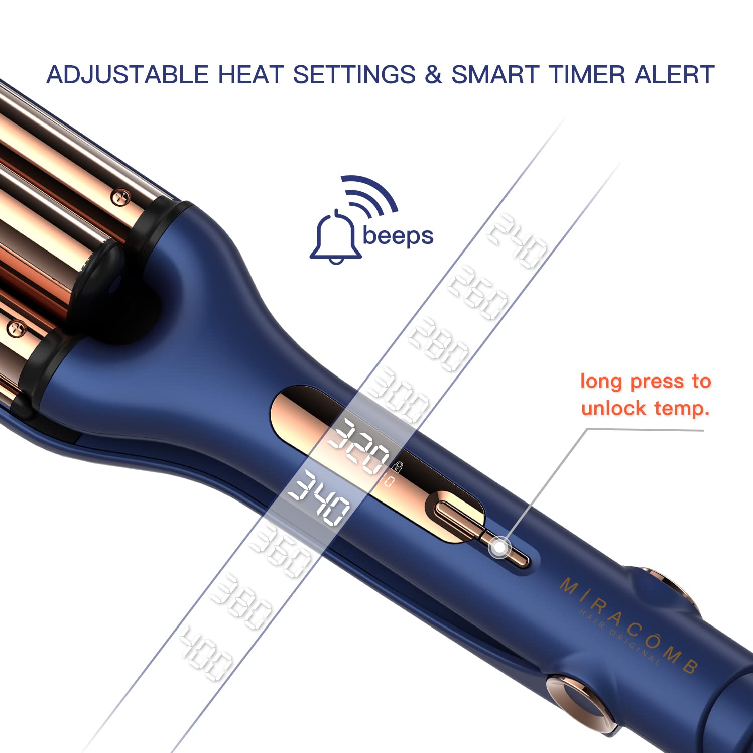 MIRACOMB professional deep wave styling iron illustrating the three-hundred-and-sixty-degree swivel power cord connection.