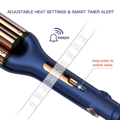 MIRACOMB professional deep wave styling iron illustrating the three-hundred-and-sixty-degree swivel power cord connection.