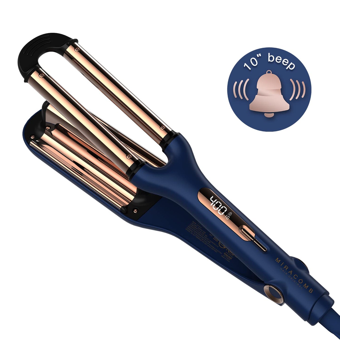 MIRACOMB triple barrel styling iron showcasing the sleek premium packaging box design.