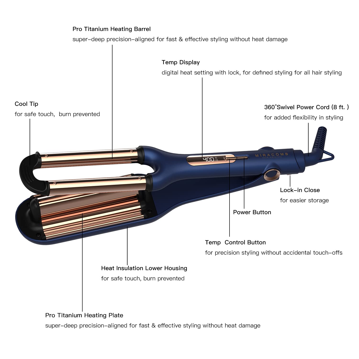 MIRACOMB titanium deep waver tool side profile emphasizing the deep wave barrel curvature.