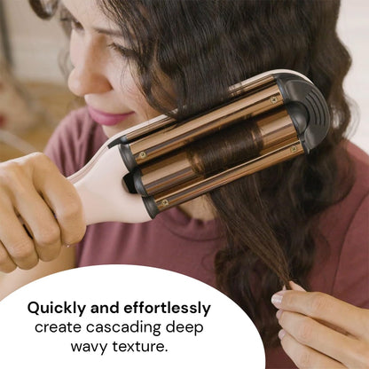 Premium imported USA hair waver tool with three titanium barrels for frizz control.
