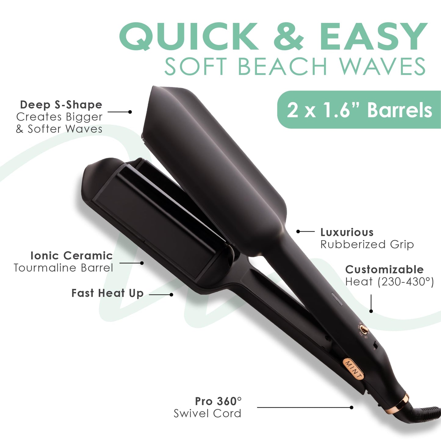MINT double barrel styling tool angled view highlighting the ergonomic handle and swivel cord.