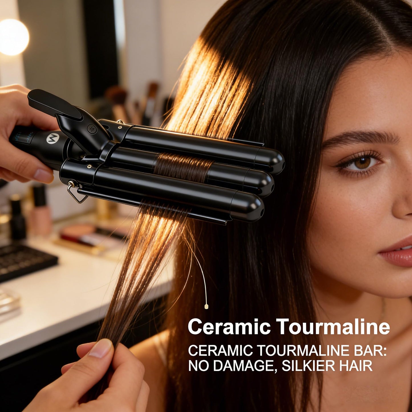 Mistcado triple barrel hair waver folded into its compact travel position illustrating its portable structure.