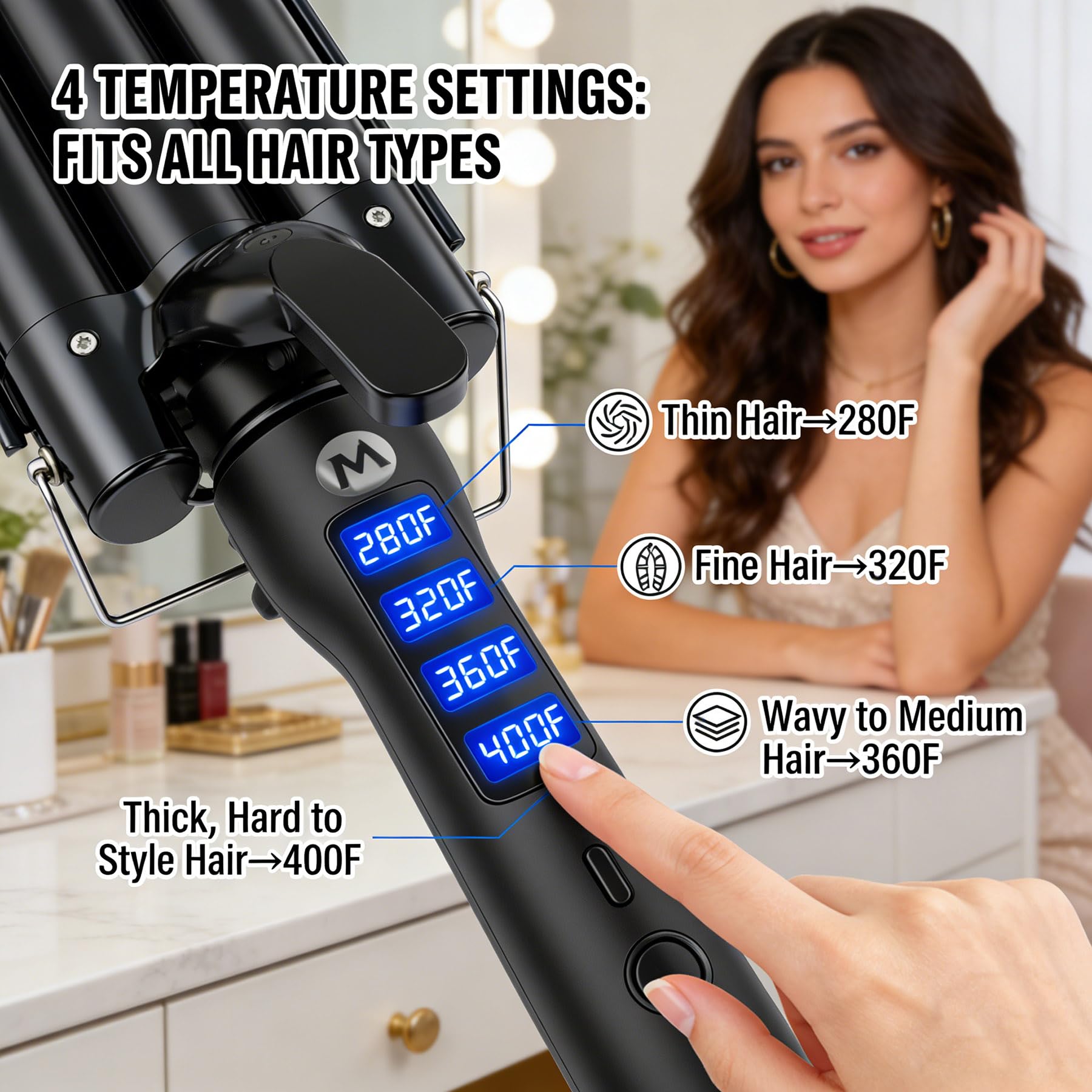 Close up view of the Mistcado 1 inch waver wand digital display and temperature control buttons.