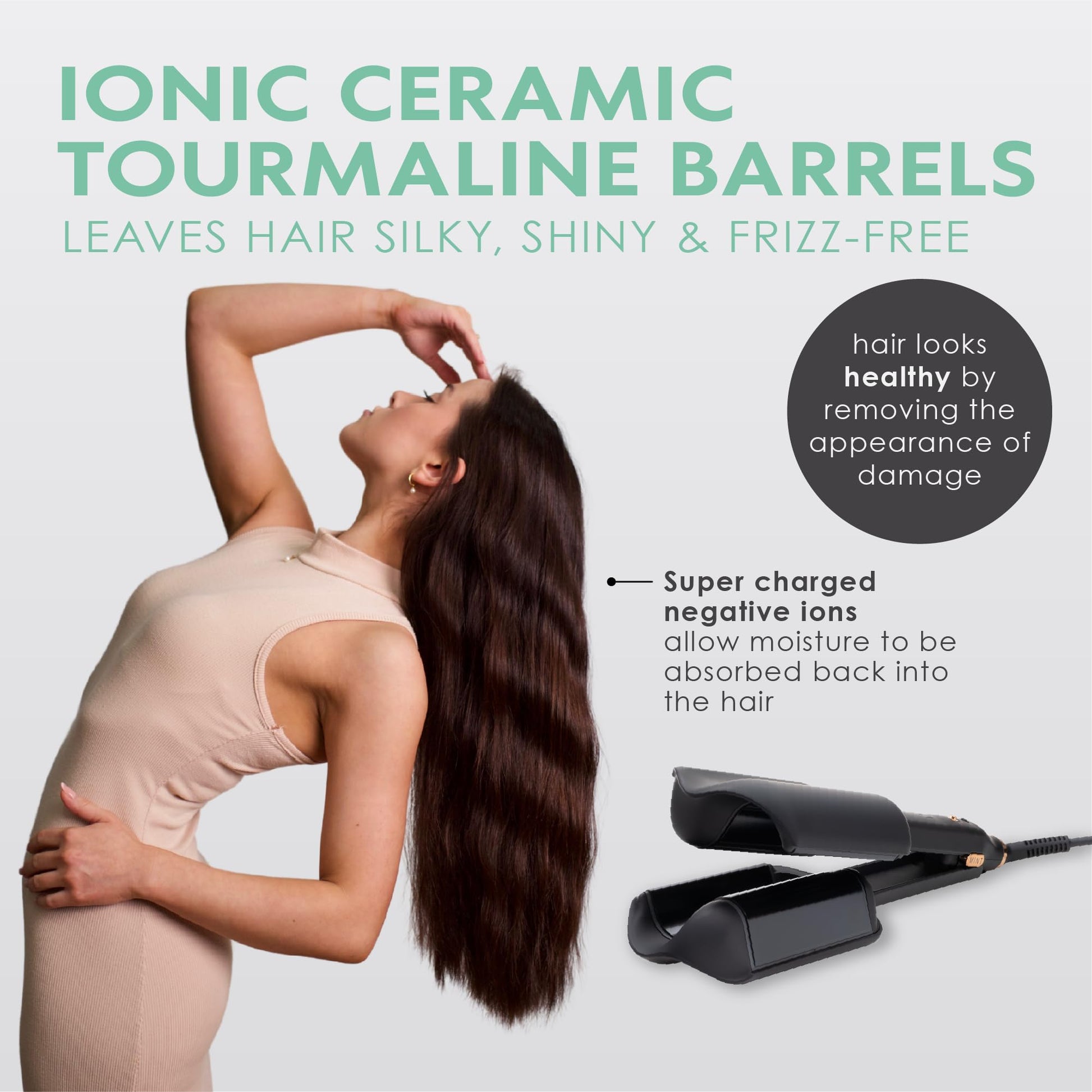 MINT long hair styling waver showing the complete iron layout.