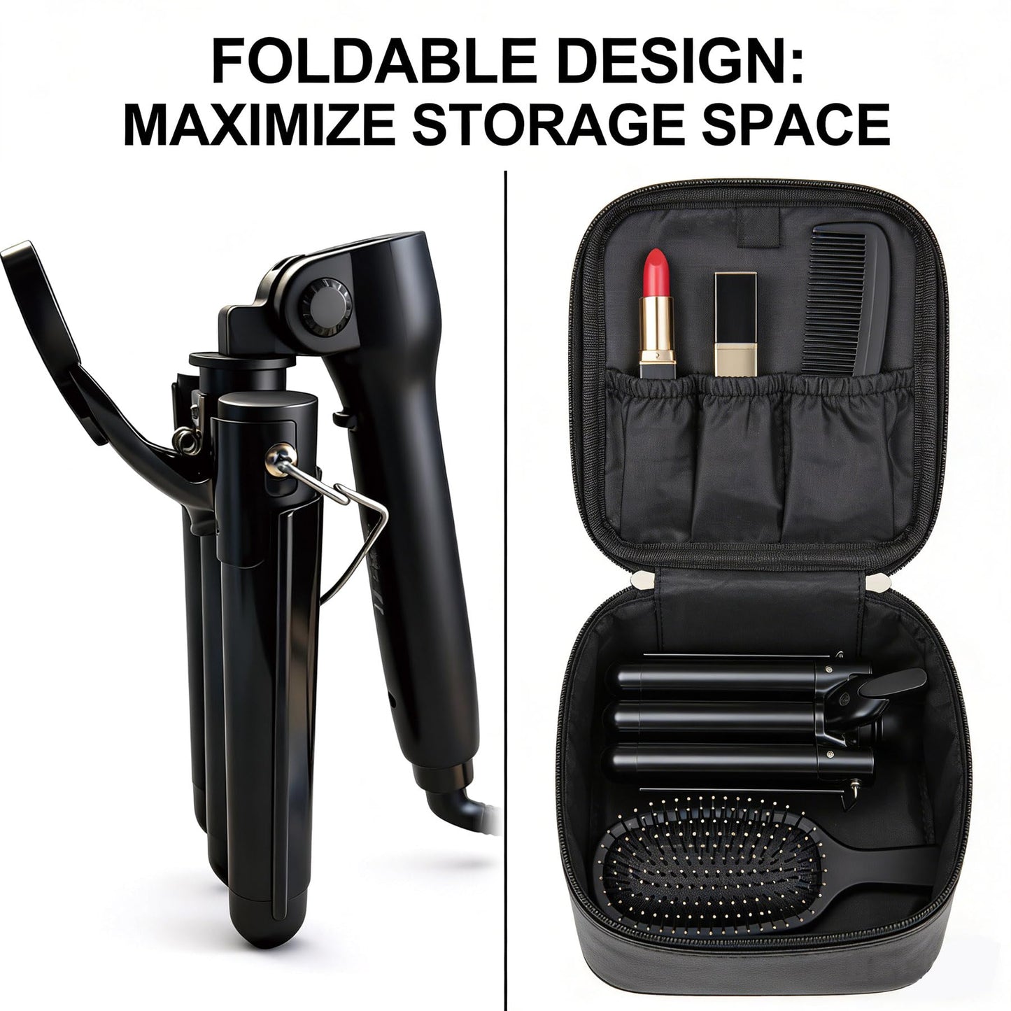 Angled view of the Mistcado three barrel styling tool highlighting the insulated cool tips and anti skid handle.
