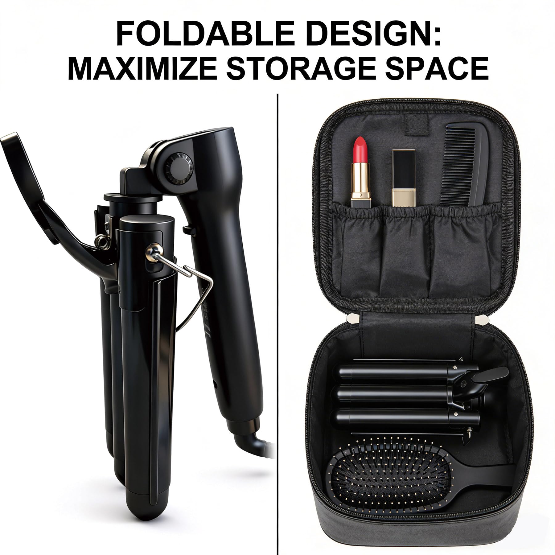Angled view of the Mistcado three barrel styling tool highlighting the insulated cool tips and anti skid handle.
