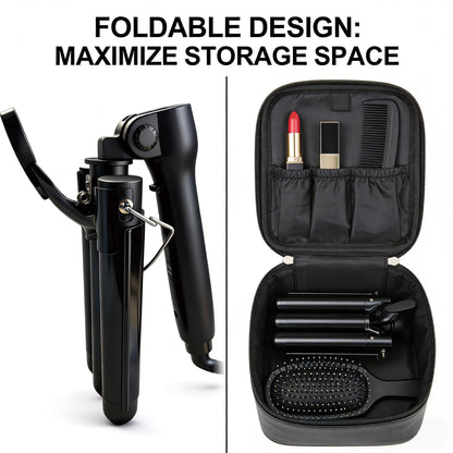 Angled view of the Mistcado three barrel styling tool highlighting the insulated cool tips and anti skid handle.