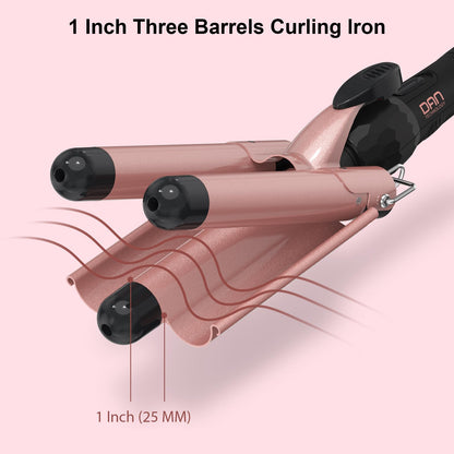 Alure triple barrel crimping iron lifestyle view on a vanity table.