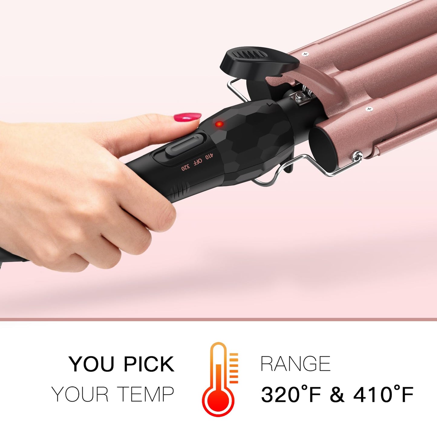 Temperature control switches and handle detail of the rose gold waver.