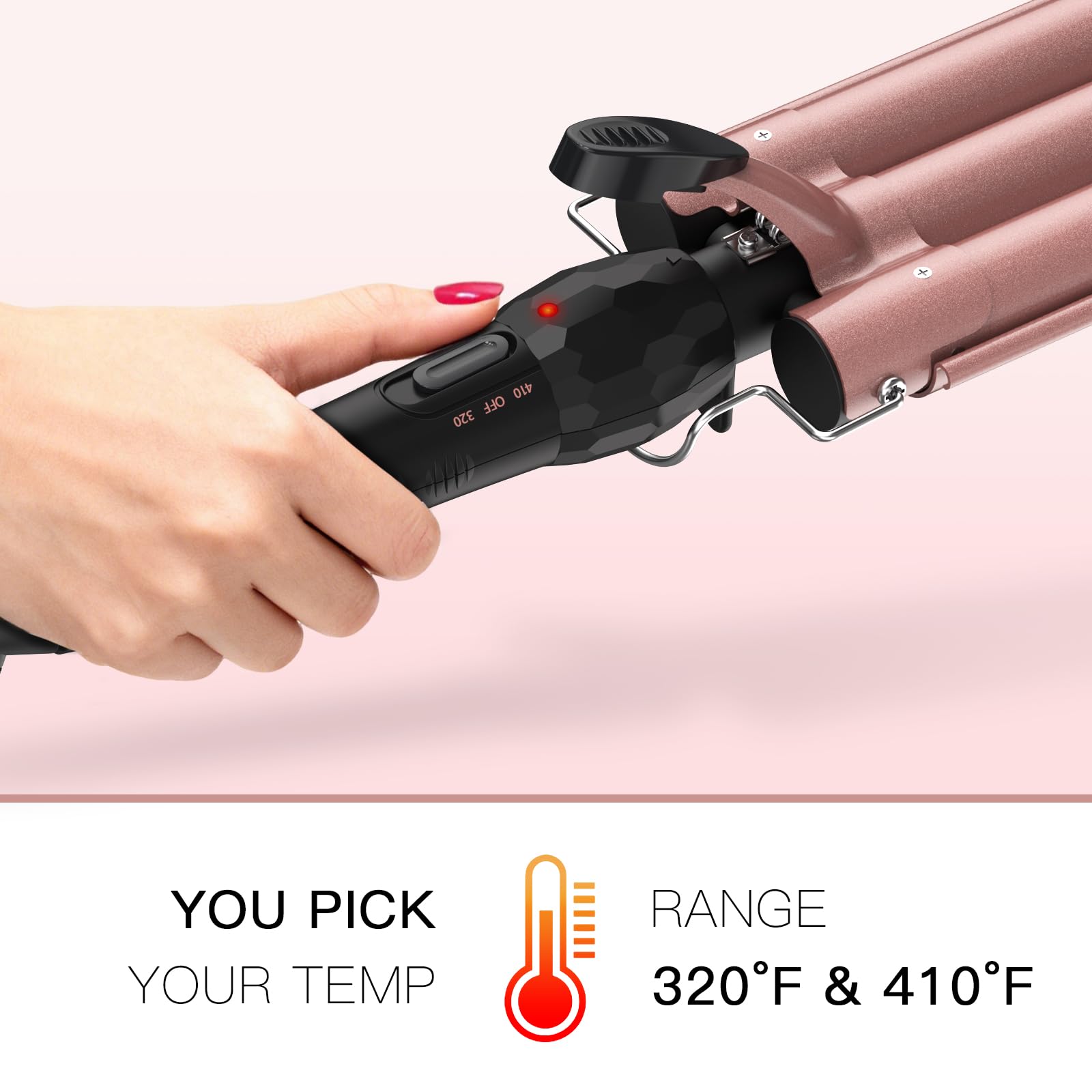 Temperature control switches and handle detail of the rose gold waver.