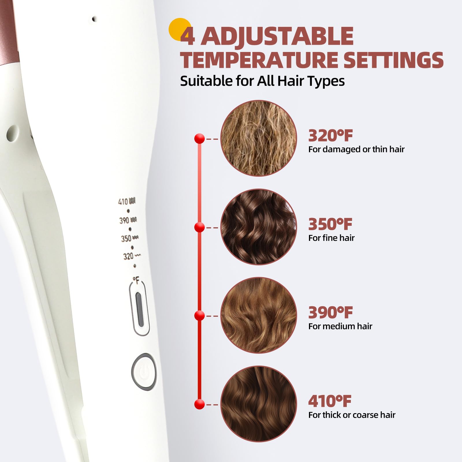 Side view of the white S-shaped curling iron showing the anti-scald design and safety stand.