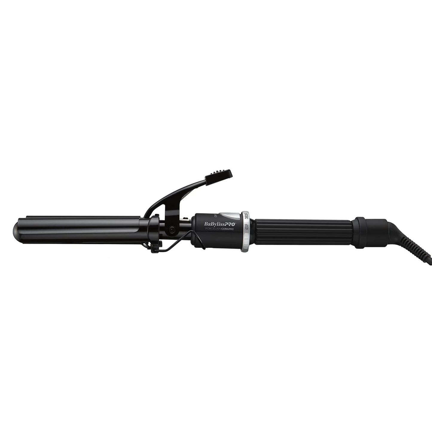 BaBylissPRO professional triple barrel hair styling iron showing the 25 heat settings dial and LED indicator light.