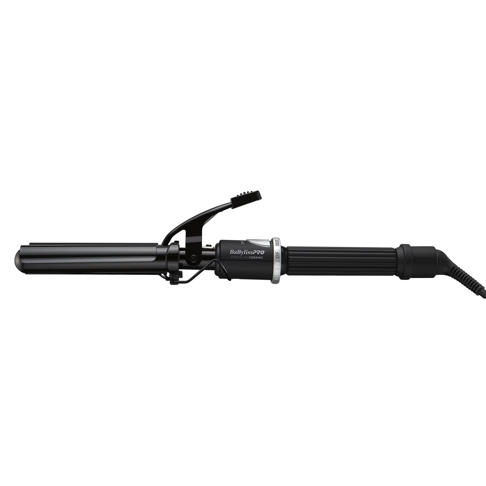 BaBylissPRO professional triple barrel hair styling iron showing the 25 heat settings dial and LED indicator light.