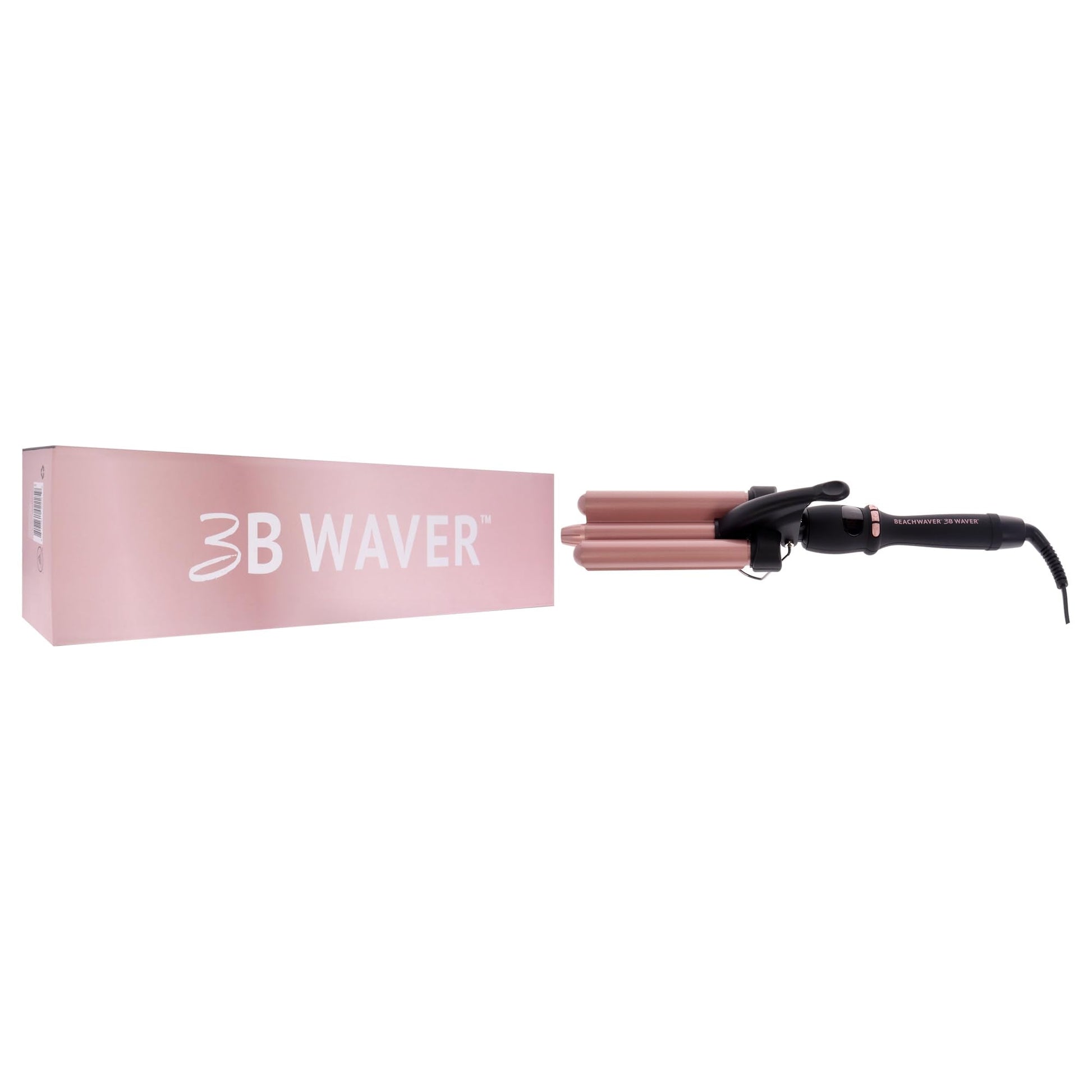 The Beachwaver Co triple barrel hair waver showing the digital LED screen and temperature control buttons.