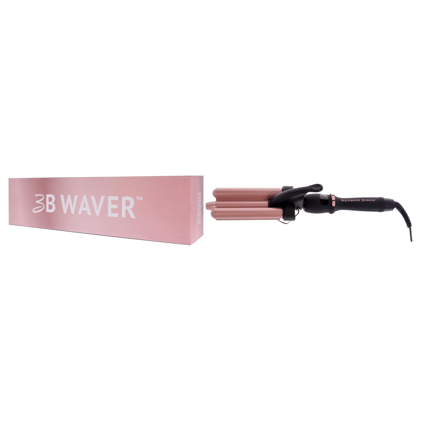 Close up of the zero point seven five inch ceramic tourmaline barrels on the Beachwaver Midnight Rose styling tool.