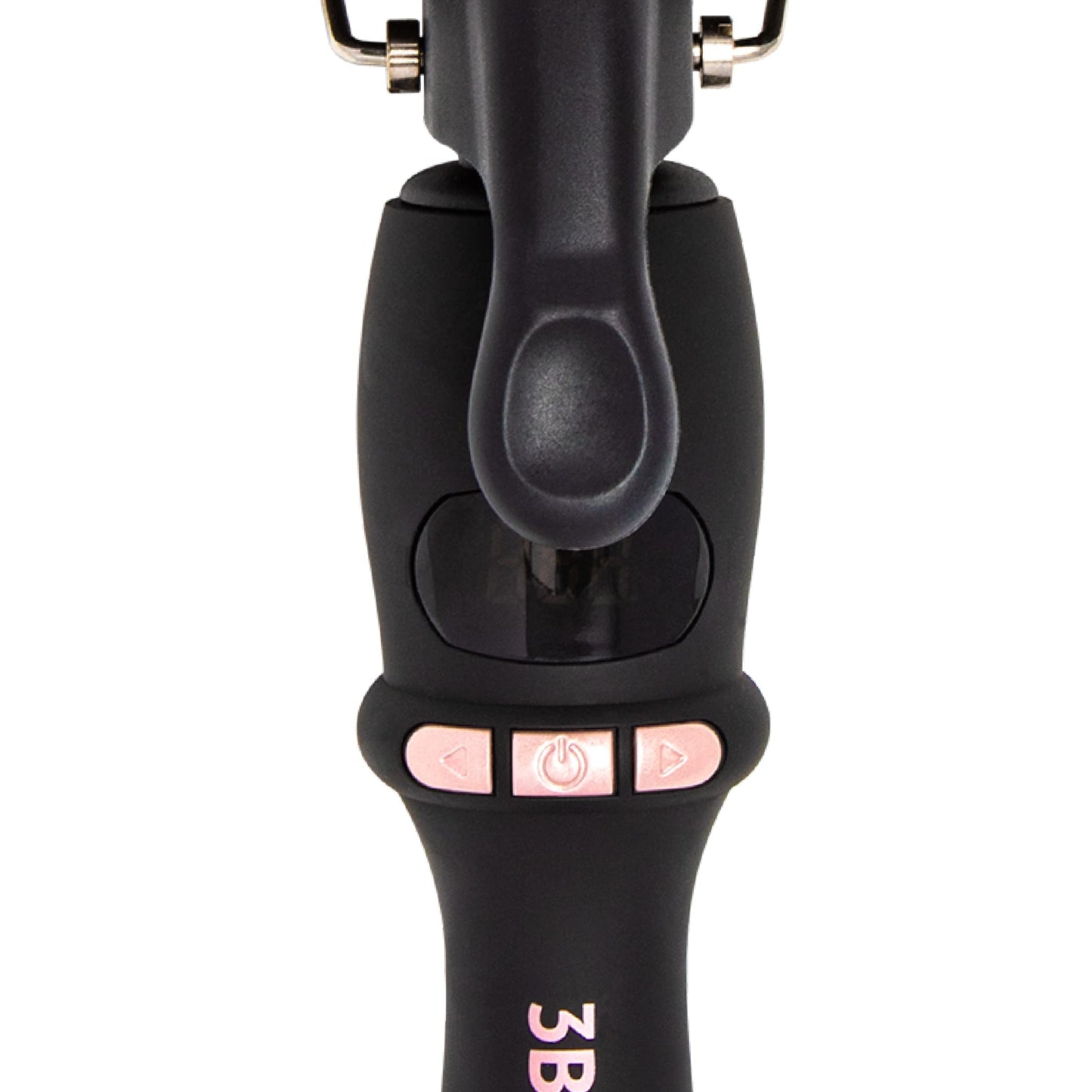 The Beachwaver Co triple barrel hair curler showcasing the safety stand and ergonomic handle design.