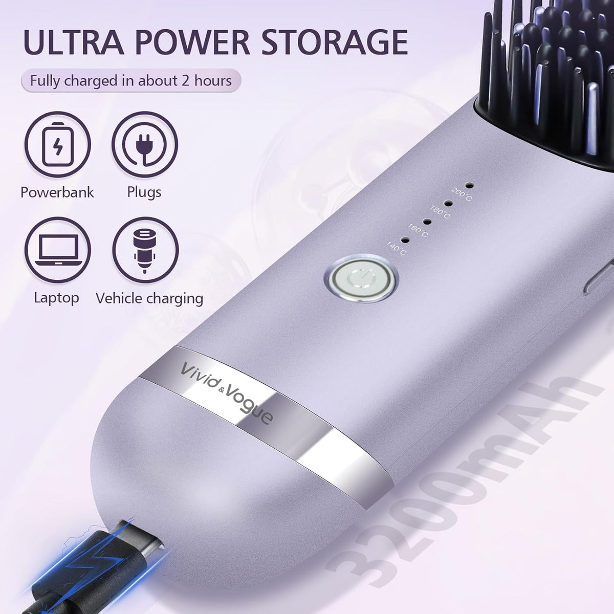 VAV compact ceramic hot brush displaying the USB charging port