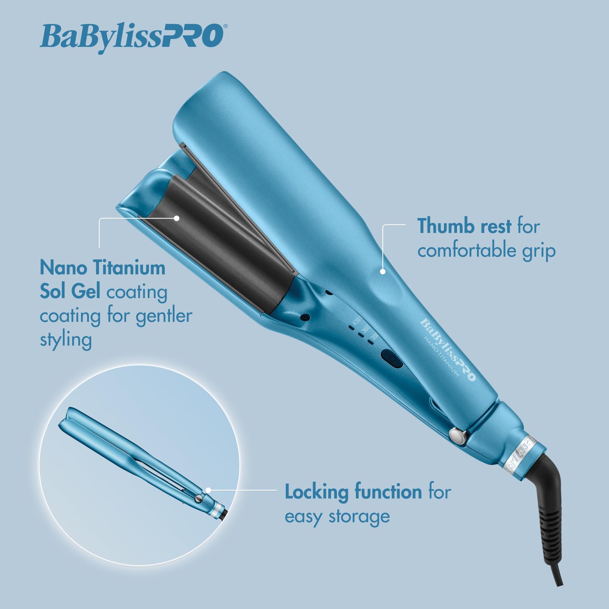Close-up view of the Sol-Gel Nano Titanium wave plates on the compact styling iron