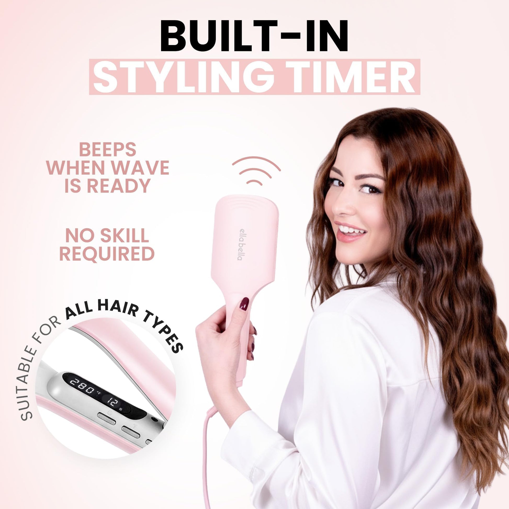ELLA BELLA triple barrel hair waver angled view demonstrating the clamp mechanism
