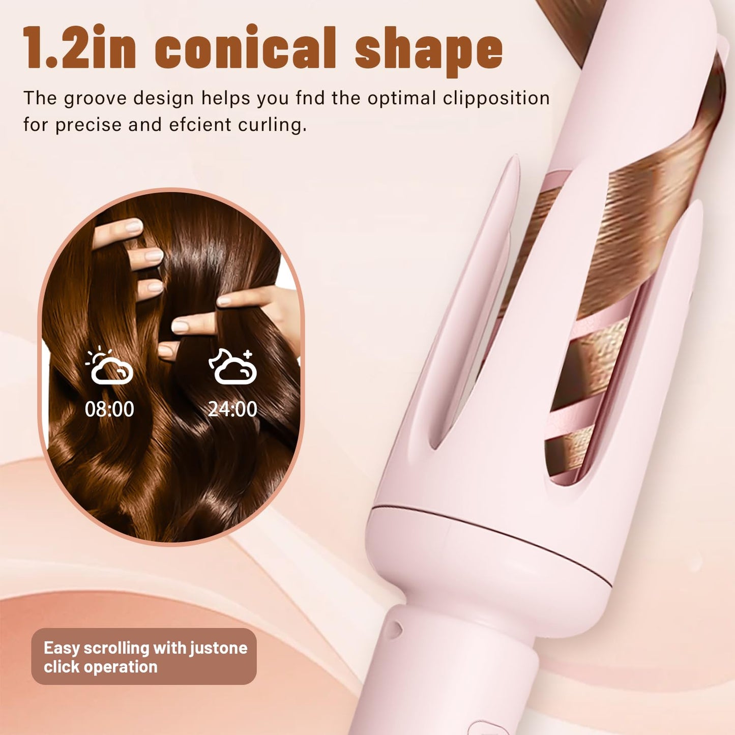 Automatic curling iron for long hair showcasing the U-shaped anti-scald slot design