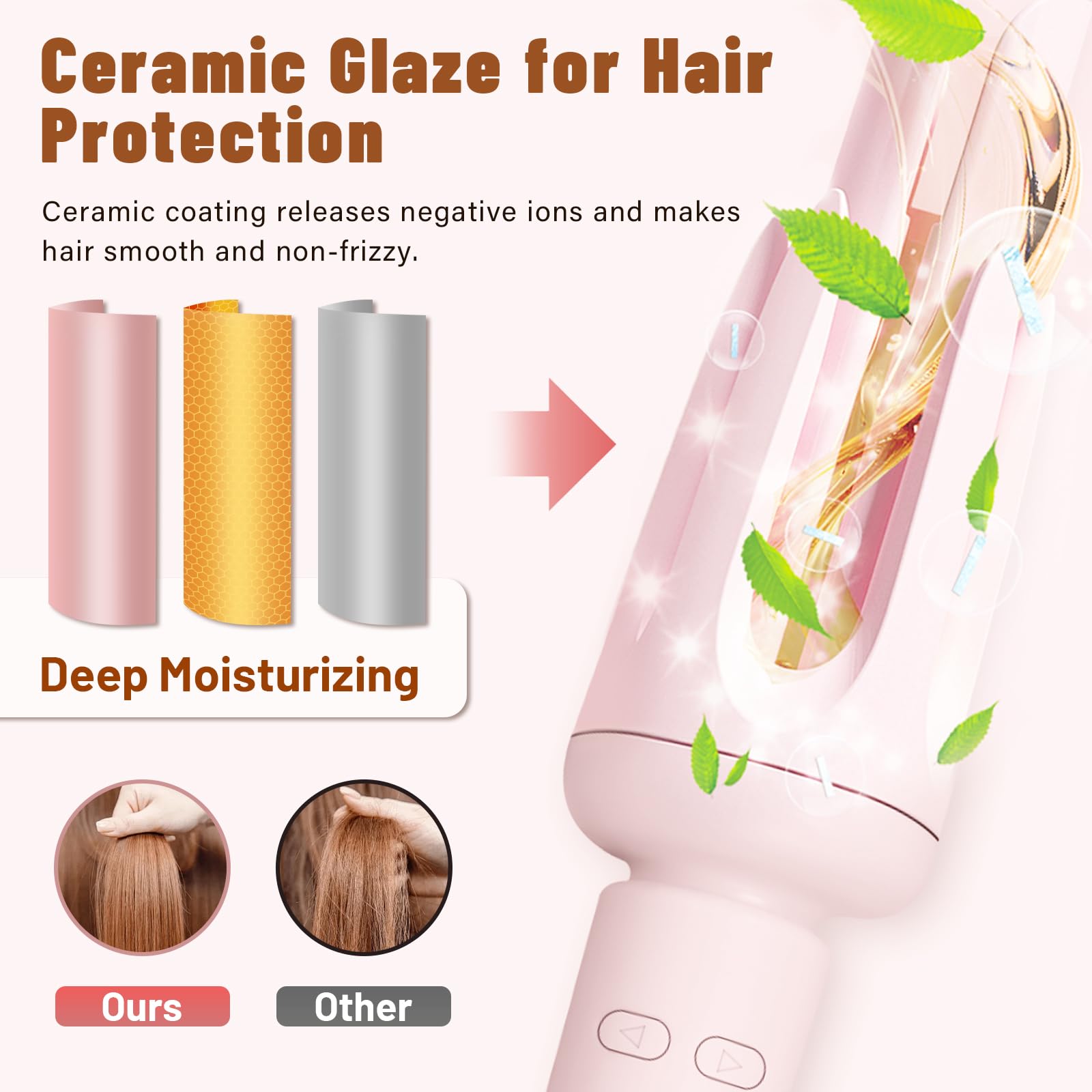Pink rotating curling wand illustrating how hair feeds into the automatic chamber