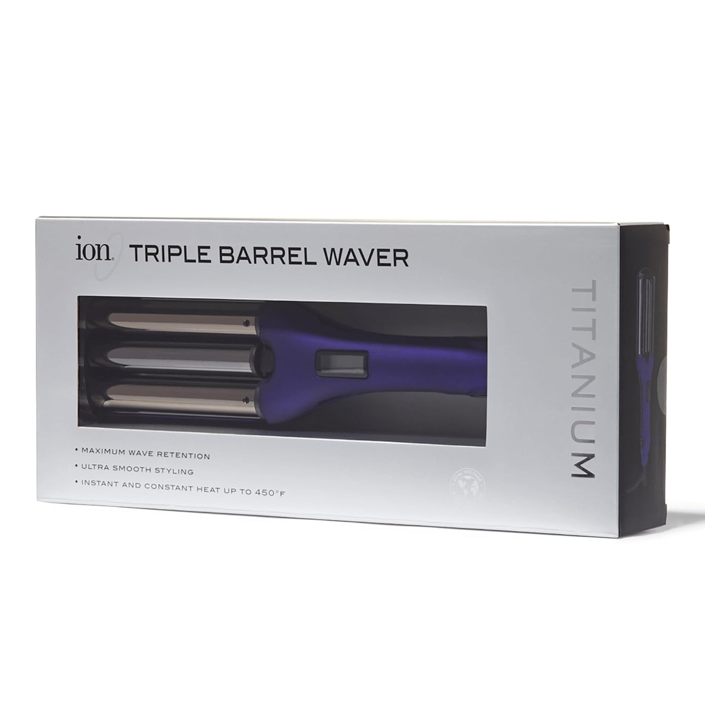 Ion Titanium Deep Waver digital temperature control screen and purple handle details