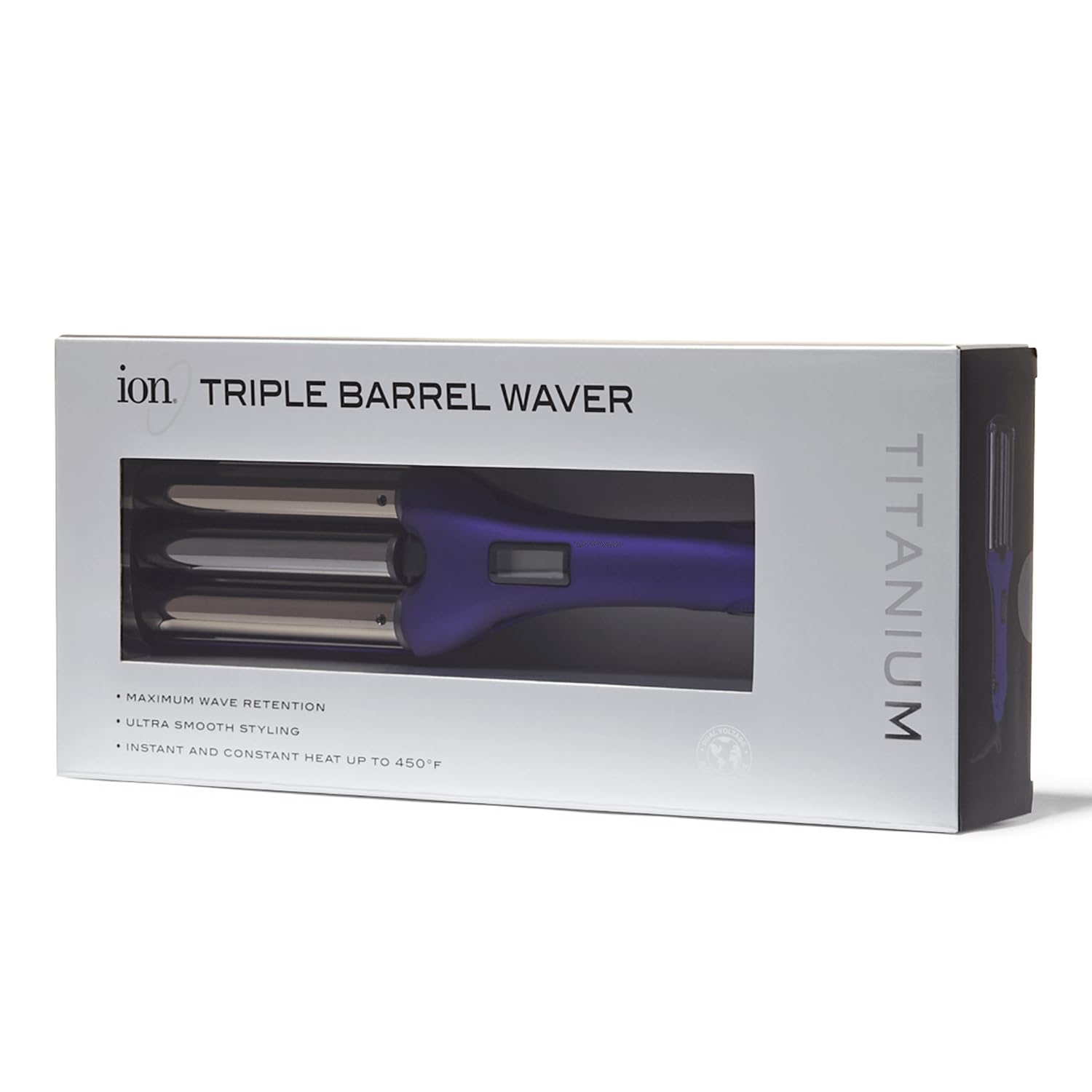 Ion Titanium Deep Waver digital temperature control screen and purple handle details