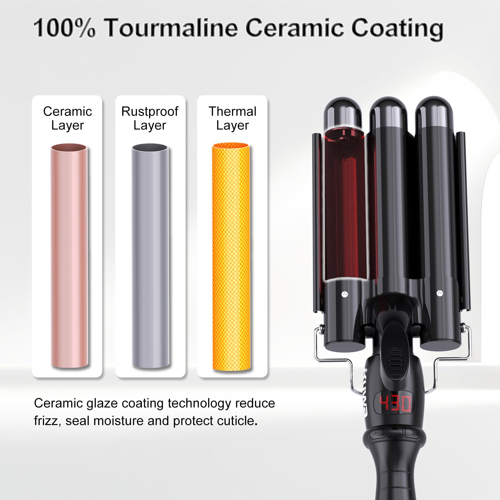 Side profile of Asani beach waver tool highlighting the built in heat rest stand.