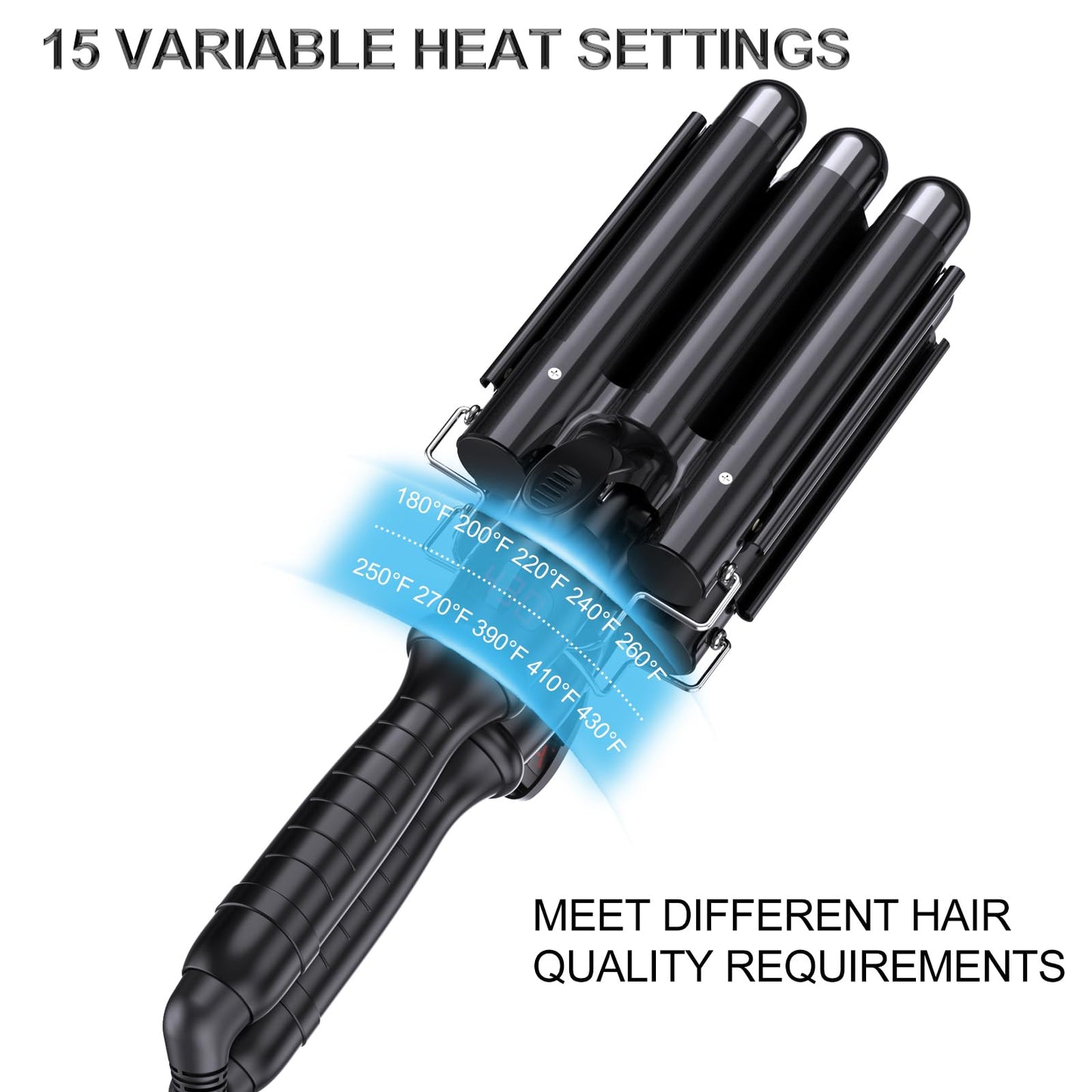 Three barrel hair curler wand being used to create beachy waves on long hair.