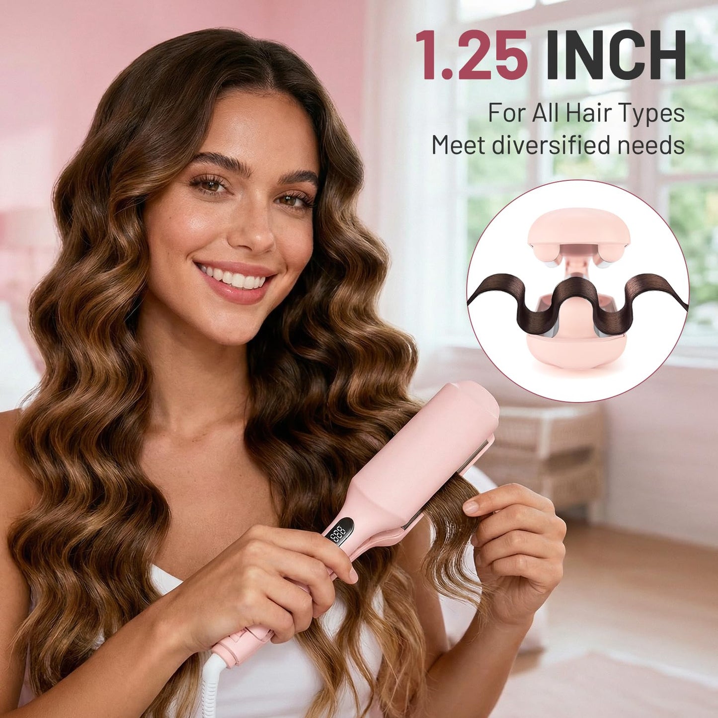 TYMO ROVY 1.25 inch deep wave curling iron showcasing the anti scald insulated tip design