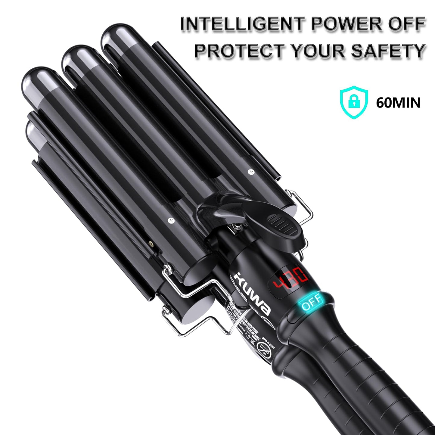 Premium black dual voltage hair crimper shown with its complete packaging design.